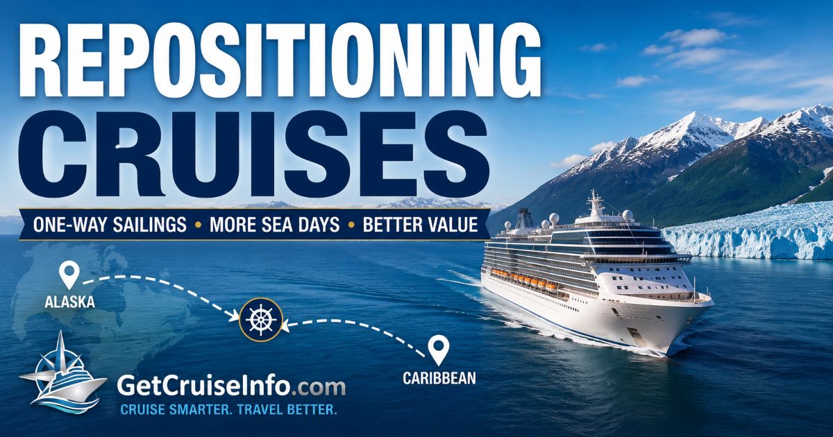 Repositioning cruise guide featuring one-way cruise routes, sea days, seasonal ship movement, and cruise value planning