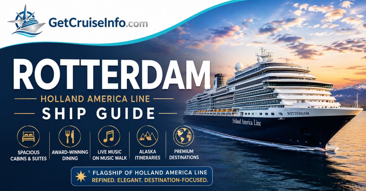 Rotterdam cruise ship featuring Holland America Line dining, entertainment, and Alaska itineraries