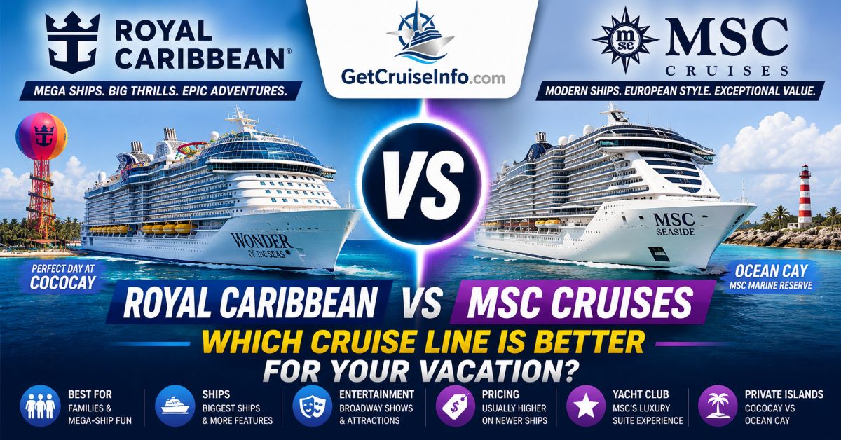 Royal Caribbean vs MSC cruise comparison featuring mega-ships, entertainment, Yacht Club, CocoCay, Ocean Cay, and modern cruise experiences
