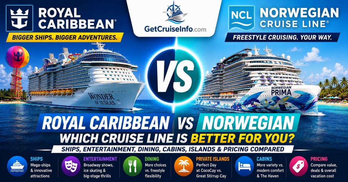 Royal Caribbean vs Norwegian cruise comparison featuring mega-ships, freestyle cruising, entertainment, dining, and onboard experiences