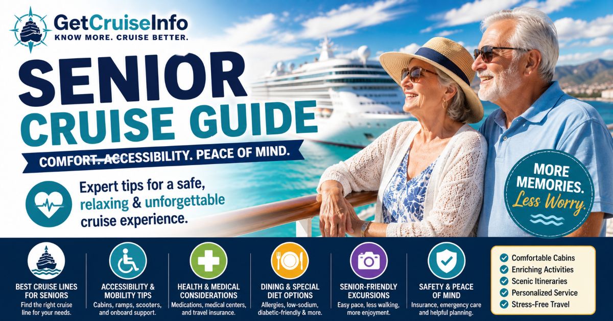 Senior cruise guide featuring accessible cruise travel, mobility-friendly cruise ships, scenic cruising, medical planning, and senior cruise vacations