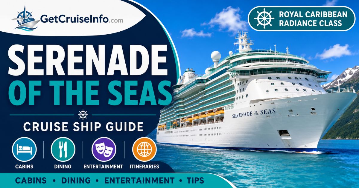 Serenade of the Seas cruise ship featuring panoramic ocean views, Alaska itineraries, dining, and Radiance-class attractions