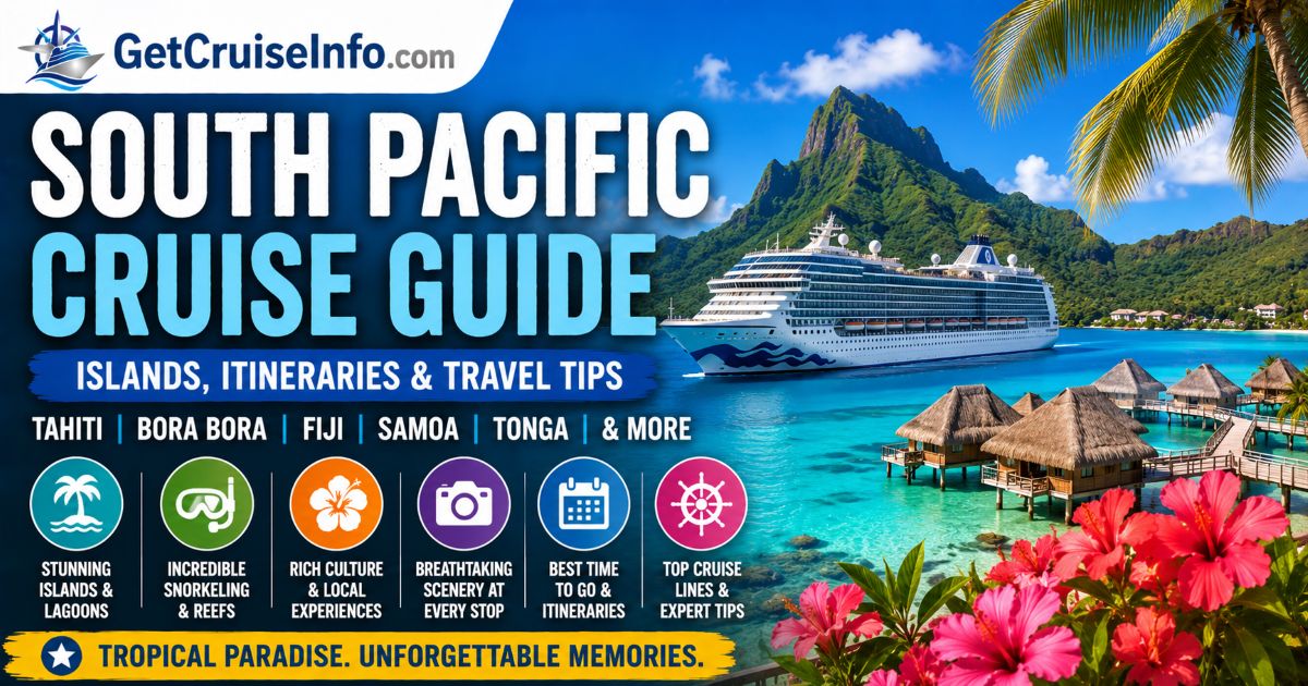 South Pacific cruise guide featuring Tahiti, Bora Bora, Fiji, turquoise lagoons, tropical islands, and South Pacific cruise planning advice
