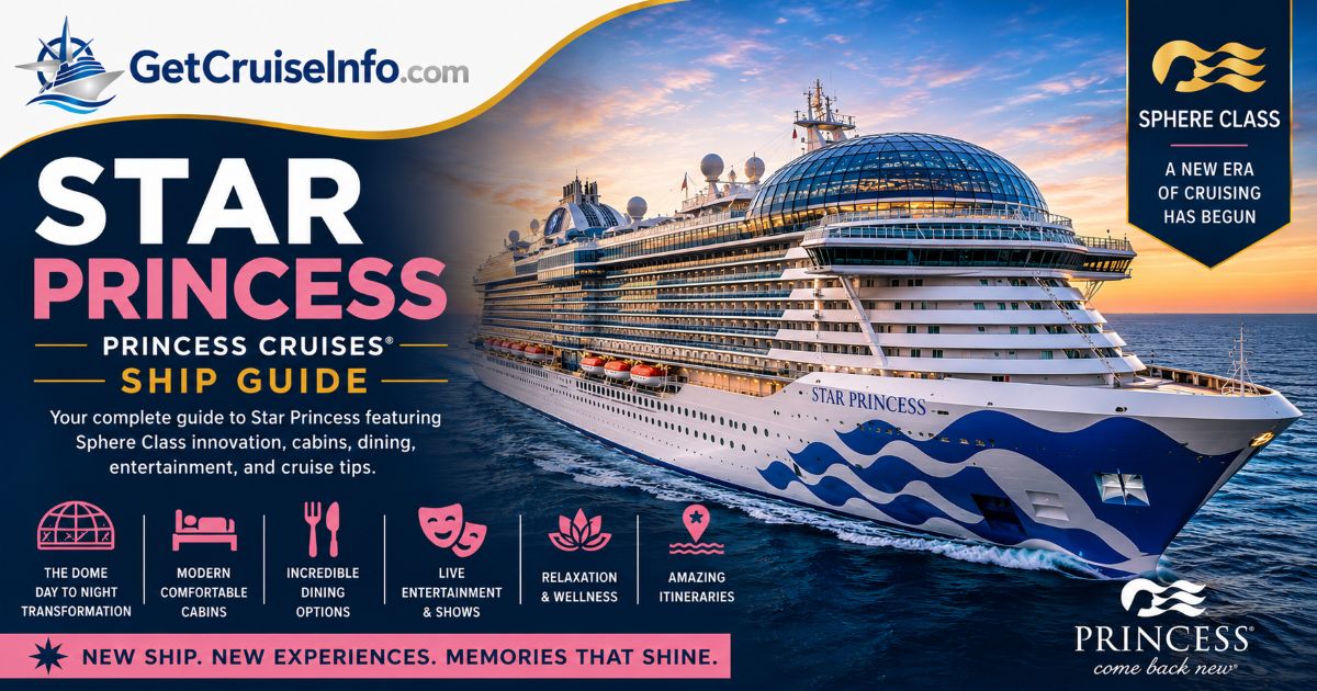 Star Princess cruise ship guide featuring Sphere Class cabins, dining, entertainment, and Princess Cruises itineraries