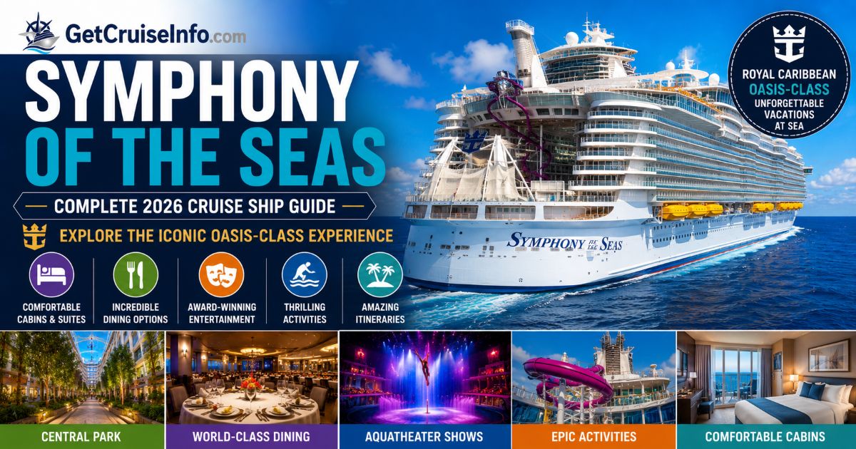 Symphony of the Seas cruise ship featuring Oasis-class neighborhoods, dining, entertainment, AquaTheater, and Royal Caribbean attractions