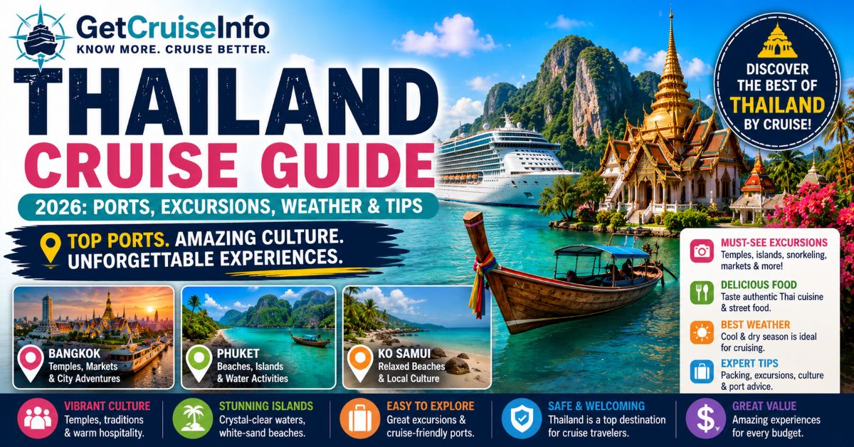 Thailand cruise guide featuring Bangkok temples, Phuket beaches, Ko Samui, Southeast Asia cruises, tropical islands, and cultural exploration