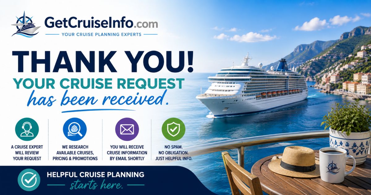 Thank you confirmation page for GetCruiseInfo.com cruise planning request