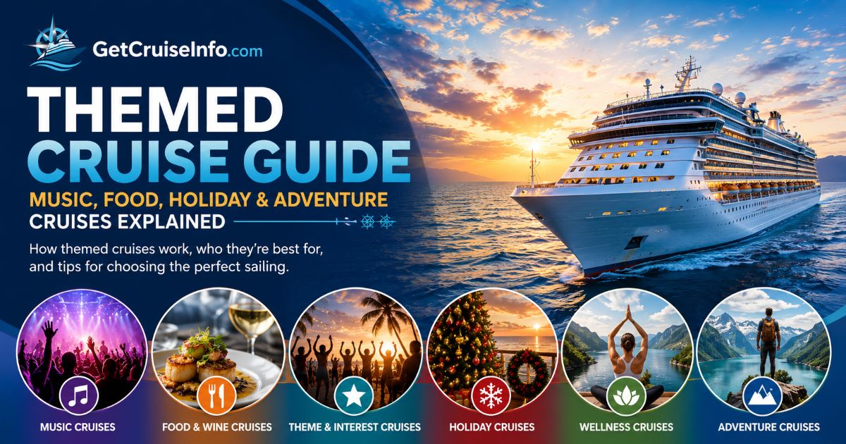 Themed cruise guide featuring music cruises, culinary cruises, holiday sailings, fan conventions, and specialty cruise experiences