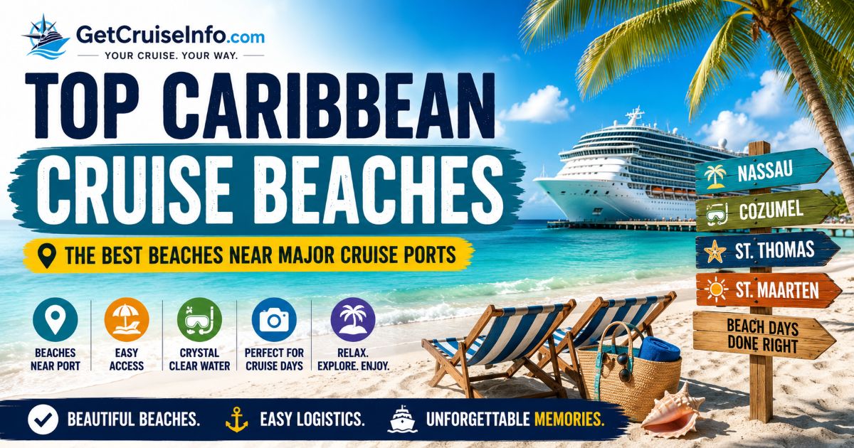 Top Caribbean cruise beaches featuring tropical cruise ports, beach excursions, turquoise water, and Caribbean cruise destinations