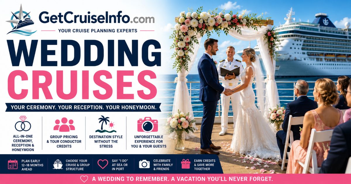 Wedding cruise guide featuring cruise weddings, onboard ceremonies, group cruise planning, and honeymoon experiences