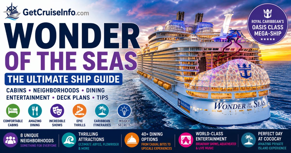 Wonder of the Seas cruise ship featuring Oasis-class neighborhoods, dining, entertainment, pools, and Royal Caribbean attractions