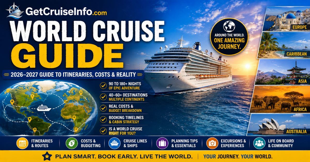 World cruise guide featuring luxury cruise ships, global itineraries, ocean crossings, and around-the-world cruise planning advice
