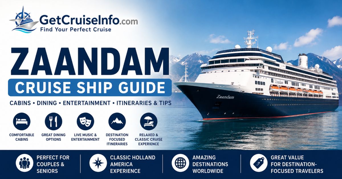 Zaandam cruise ship guide featuring cabins, dining, entertainment, itineraries, and Holland America planning tips